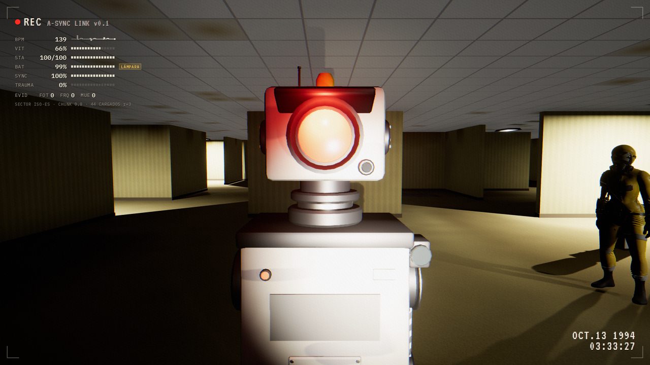A maintenance automaton with a red eye in an office corridor.